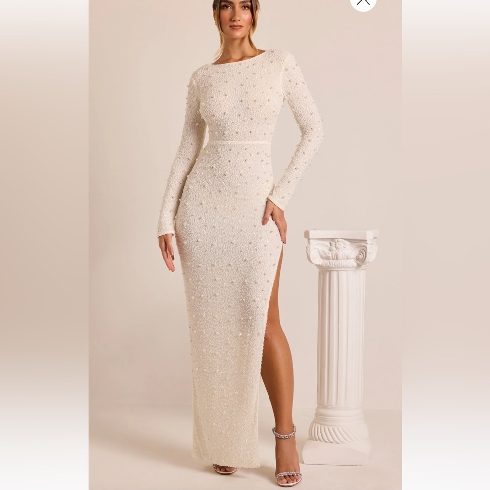 Embellished Long Sleeve Backless Maxi Dress